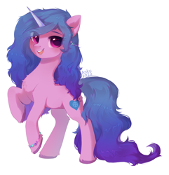 Size: 1928x2000 | Tagged: safe, artist:anku, izzy moonbow, pony, unicorn, g5, my little pony: a new generation, chest fluff, colored hooves, cute, female, happy, leg fluff, looking at you, mare, open mouth, rearing, simple background, smiling, solo, unshorn fetlocks, white background