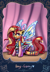 Size: 1668x2388 | Tagged: safe, artist:ami-gami, sunset shimmer, fairy, fairy pony, original species, pony, unicorn, bloom (winx club), clothes, cosplay, costume, dress, ear piercing, earring, enchantix, fairy wings, fairyized, gloves, jewelry, looking at you, piercing, solo, sunset cosplay flashmob, wings, winx, winx club, winxified