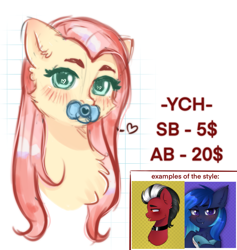 Size: 2027x2135 | Tagged: safe, artist:vaiola, fluttershy, oc, pony, g4, advertisement, auction, avatar, big eyes, blushing, bust, chest fluff, commission, cute, ear fluff, example, eyebrows, female, fluffy, high res, icon, long mane, mare, pacifier, portrait, shatter (transformers), shy, simple background, sketch, solo, ych example, ych sketch, your character here