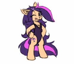 Size: 2900x2500 | Tagged: safe, artist:ami-gami, oc, oc only, oc:amethyst arkin, earth pony, pony, bipedal, chest fluff, clothes, female, high res, leotard, mare, one eye closed, solo, tongue out, wink