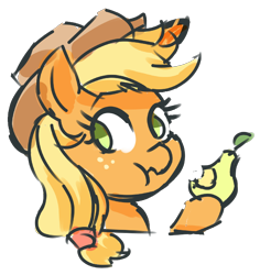 Size: 1614x1708 | Tagged: safe, artist:creamyogurt, applejack, earth pony, pony, g4, aside glance, bust, dishonorapple, eating, female, food, herbivore, looking at you, mare, no pupils, pear, simple background, solo, three quarter view, transparent background