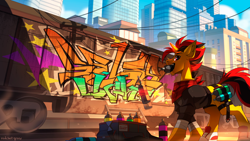 Size: 2500x1406 | Tagged: safe, artist:redchetgreen, oc, oc only, oc:selest light, pony, unicorn, bag, bandage, bandana, building, chin fluff, city, cityscape, clothes, cloud, day, detailed background, ear fluff, ears back, eyebrows, eyelashes, eyes open, fangs, glowing, glowing horn, graffiti, horn, jacket, looking at you, male, male oc, mouth hold, neckerchief, outdoors, pony oc, raised tail, red eyes, shoes, sky, skyscraper, slender, smiling, smiling at you, sneakers, solo, spray can, stallion, stallion oc, tail, thin, train, unicorn oc