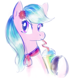 Size: 881x941 | Tagged: safe, anonymous artist, dahlia, earth pony, pony, g5, blue, blue mane, clothes, color, cute, digital art, drink, drinking, female, flower, flower in hair, hooves, mare, pastel, purple, purple eyes, scarf, smoothie, solo, straw