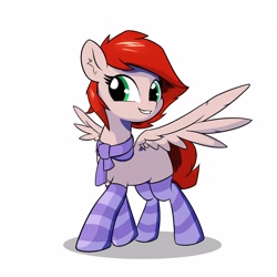 Size: 4096x4096 | Tagged: safe, artist:wenni, oc, oc only, pegasus, pony, absurd resolution, clothes, ear fluff, female, full body, grin, hair, looking at you, mare, pegasus oc, shadow, simple background, smiling, smiling at you, socks, solo, spread wings, standing, striped socks, tail, thigh highs, white background, wings