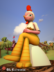 Size: 2880x3880 | Tagged: safe, artist:olkategrin, pinkie pie, bird, chicken, earth pony, anthro, g4, 3d, 3d model, animal costume, breasts, chicken pie, chicken suit, clothes, cloud, costume, easter, egg, egg laying, farm, high res, holiday, looking at you, looking down, looking down at you, nest, outdoors, oviposition, sitting, sky, smiling, smiling at you, source filmmaker, sweet apple acres, tail, tree, wallpaper, watermark