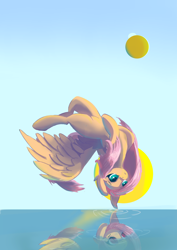 Size: 2480x3508 | Tagged: safe, artist:i love hurt, fluttershy, pegasus, pony, g4, :<, belly, ear fluff, female, flying, high res, looking down, mare, mirror universe, nimbus, outdoors, pink hair, reflection, soft shading, solo, spread wings, upside down, vertical, water, wings
