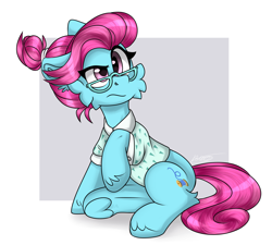 Size: 1984x1789 | Tagged: safe, artist:severe acrophobia, blue bobbin, earth pony, pony, g4, :s, abstract background, cheek fluff, clothes, female, glasses, grumpy, hooves, mare, passepartout, raised eyebrow, raised hoof, signature, sitting, solo, tail, underhoof, wavy mouth