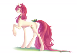 Size: 1942x1408 | Tagged: safe, artist:glissada, roseluck, earth pony, pony, g4, bow, butt, collar, commission, commissioner:doom9454, concave belly, cute, female, fluffy, hair physics, long legs, long tail, mare, pet tag, plot, pony pet, raised hoof, rosebutt, rosepet, simple background, slender, solo, tail, tail bow, thin, white background