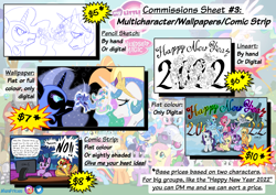 Size: 7016x4961 | Tagged: safe, artist:memprices, aloe, applejack, derpy hooves, dj pon-3, fluttershy, hoity toity, lotus blossom, nightmare moon, photo finish, pinkie pie, princess celestia, princess luna, rainbow dash, rarity, sapphire shores, snails, snips, spike, starlight glimmer, sunset shimmer, sweetie belle, trixie, twilight sparkle, vinyl scratch, alicorn, earth pony, pegasus, pony, unicorn, g4, absurd resolution, advertisement, colored, comic strip, comic style, commission info, doodle, example, female, filly, filly luna, flat colors, mare, pencil drawing, prices, princess, sketch, speech bubble, traditional art, twilight sparkle (alicorn), younger