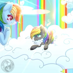 Size: 1500x1500 | Tagged: safe, rainbow dash, oc, oc:dark rainbow, pegasus, pony, g4, canon x oc, cloud, colored wings, commission, cute, darsh, day, duo, female, male, mare, multicolored wings, on a cloud, pegasus oc, rainbow, rainbow waterfall, rainbow wings, smiling, stallion, training, wings, ych result