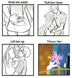 Size: 510x553 | Tagged: safe, editor:leonidus, screencap, princess cadance, shining armor, alicorn, human, unicorn, g4, season 3, the crystal empire, bipedal, comic, epic wife tossing, female, horn, horn crystals, husband and wife, instructions, magic suppression, male, meme, silly, text