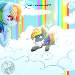 Size: 1500x1500 | Tagged: safe, alternate version, rainbow dash, oc, oc:dark rainbow, pegasus, pony, g4, canon x oc, cloud, colored wings, commission, cute, darsh, day, duo, female, male, mare, multicolored wings, on a cloud, pegasus oc, rainbow, rainbow waterfall, rainbow wings, smiling, stallion, training, wings, ych result