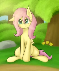 Size: 1642x1964 | Tagged: safe, artist:wapamario63, fluttershy, pegasus, pony, g4, cute, ears, female, flower, folded wings, looking at you, mare, one ear down, outdoors, shyabetes, sitting, smiling, solo, stray strand, tree, volumetric light, wings