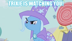 Size: 1280x720 | Tagged: safe, edit, edited screencap, screencap, trixie, pony, unicorn, boast busters, g4, season 1, brooch, cape, caption, clothes, female, hat, imgflip, jewelry, mare, narrowed eyes, outdoors, smiling, solo, text, trixie's brooch, trixie's cape, trixie's hat