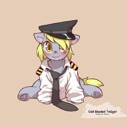 Size: 1200x1200 | Tagged: safe, artist:cold-blooded-twilight, derpy hooves, pegasus, pony, g4, clothes, cute, derpabetes, female, filly, foal, frog (hoof), hat, necktie, oversized clothes, pilot, pilot derpy, simple background, sitting, solo, tan background, underhoof