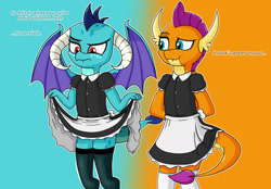 Size: 1280x890 | Tagged: safe, artist:neondragon, princess ember, smolder, dragon, g4, clothes, dragoness, dress, dress lift, duo, duo female, ember is not amused, female, maid, older, older smolder, simple background, stockings, thigh highs, unamused
