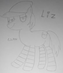 Size: 1483x1720 | Tagged: safe, artist:cardshark777, oc, oc only, oc:liz (cardshark777), earth pony, pony, beanie, clothes, earth pony oc, female, hat, heart, lidded eyes, looking at you, mare, monochrome, signature, simple background, smiling, smiling at you, smug, socks, solo, striped socks, traditional art