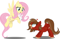 Size: 1280x837 | Tagged: safe, artist:tired-horse-studios, fluttershy, oc, pegasus, pony, rabbit, g4, animal, colored pupils, duo, duo female, female, flying, folded wings, freckles, hat, hoof hold, hooves, mare, nurse hat, open mouth, open smile, pegasus oc, shadow, show accurate, simple background, smiling, spread wings, standing, tail, transparent background, unshorn fetlocks, watermark, wings