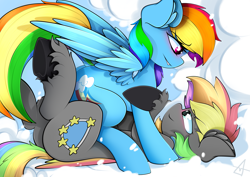 Size: 4093x2894 | Tagged: safe, artist:ahekao, rainbow dash, oc, oc:dark rainbow, pegasus, pony, g4, blushing, butt, canon x oc, cloud, colored wings, commission, cuddling, cute, darsh, day, duo, eye contact, female, female on male, looking at each other, looking at someone, male, mare, multicolored wings, on a cloud, pegasus oc, plot, rainbow wings, smiling, stallion, straight, wings, ych result