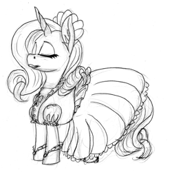 Size: 800x801 | Tagged: safe, artist:sepiakeys, rarity, pony, unicorn, g4, clothes, dress, eyes closed, maid, maidity, monochrome, puffy sleeves, simple background, sketch, solo, traditional art, white background