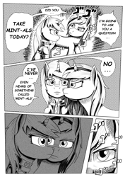 Size: 2480x3508 | Tagged: safe, artist:enteryourponyname, oc, oc only, oc:littlepip, oc:velvet remedy, pony, unicorn, fallout equestria, black and white, comic, grayscale, high res, japanese reading order, jojo reference, jojo's bizarre adventure, lies, manga, menacing, mint-als, monochrome, serious, serious face, speech bubble, ゴ ゴ ゴ