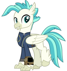 Size: 3000x3200 | Tagged: safe, artist:php170, terramar, classical hippogriff, hippogriff, fallout equestria, g4, surf and/or turf, clothes, fallout, high res, jumpsuit, looking at you, male, pipboy, raised hoof, simple background, smiling, smiling at you, solo, transparent background, vault suit, vector