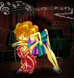 Size: 2196x2320 | Tagged: safe, artist:ponymaan, adagio dazzle, sunset shimmer, human, equestria girls, g4, backless, bare shoulders, clothes, dancing, dress, duo, female, high heels, high res, lesbian, music notes, ship:sunsagio, shipping, shoes, sleeveless, tango