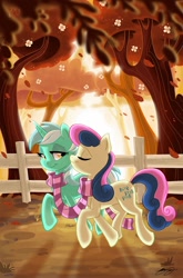 Size: 989x1500 | Tagged: safe, artist:briannacherrygarcia, bon bon, lyra heartstrings, sweetie drops, earth pony, pony, unicorn, g4, idw, autumn, clothes, duo, eyes closed, female, fence, leaves, lesbian, lidded eyes, looking at someone, mare, scarf, shared clothing, shared scarf, ship:lyrabon, shipping, signature, smiling, striped scarf, sunset, tree, trotting