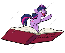 Size: 1911x1557 | Tagged: safe, artist:shadowblazearts, twilight sparkle, pony, unicorn, g4, book, book title humor, chest fluff, dork, female, flying, looking up, mare, open mouth, open smile, raised hoof, simple background, smiling, solo, speed lines, transparent background, unicorn twilight