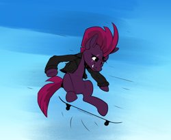 Size: 2238x1835 | Tagged: safe, artist:shadowblazearts, tempest shadow, pony, unicorn, g4, abstract background, broken horn, clothes, eye scar, female, grin, horn, jacket, leather jacket, mare, scar, signature, skateboard, smiling, solo