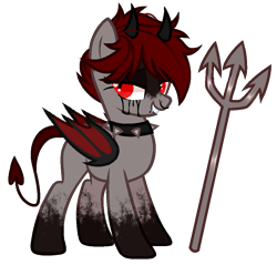 Size: 971x928 | Tagged: safe, artist:idkhesoff, oc, oc only, oc:lucy fair, bat pony, demon, demon pony, devil, pony, bat pony oc, blood, choker, crying, devil horns, devil tail, female, grin, horns, lip piercing, mare, markings, nose piercing, nose ring, piercing, pitchfork, simple background, smiling, snake bites, solo, spiked choker, tail, tears of blood, transparent background