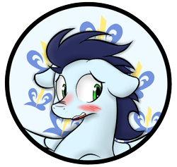 Size: 751x712 | Tagged: safe, artist:ricy, soarin', oc, pegasus, pony, g4, blushing, blushing profusely, circle background, cutie mark background, ears back, floppy ears, flustered, heart eyes, looking away, male, open mouth, scrunchy face, solo, spread wings, stallion, wingding eyes, wings