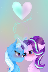 Size: 1000x1500 | Tagged: safe, artist:kathepart, starlight glimmer, trixie, pony, unicorn, g4, blushing, bust, chest fluff, duo, duo female, ear fluff, female, glowing, glowing horn, gradient background, heart, horn, lesbian, light, looking at each other, looking at someone, magic, magic aura, mare, ship:startrix, shipping, smiling, smiling at each other