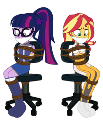 Size: 1024x1216 | Tagged: safe, artist:cartoonmasterv3, artist:radiantrealm, sci-twi, sunset shimmer, twilight sparkle, equestria girls, g4, arm behind back, bondage, bound and gagged, cloth gag, female, gag, help, help us, rope, rope bondage, sad, scared, simple background, tied to chair, tied up, transparent background, worried