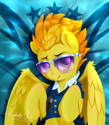 Size: 1747x2001 | Tagged: safe, artist:darksly, spitfire, pegasus, pony, g4, bedroom eyes, body pillow, clothes, commission, cute, cutefire, dakimakura cover, drill sergeant, female, looking at you, mare, preview, shirt, solo, sunglasses, uniform, wonderbolts dress uniform
