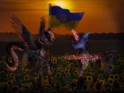 Size: 1280x960 | Tagged: safe, artist:cyberpriduroksirius, oc, pegasus, pony, unicorn, current events, duo, flag, flower, sunflower, ukraine