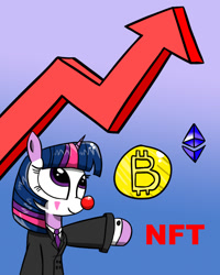 Size: 800x1000 | Tagged: safe, artist:twi clown, oc, oc:twi clown, april fools, april fools 2022, bitcoin, clone, clothes, clown, clown nose, cryptocurrency, ethereum, meme, necktie, nft, red nose, stonks, suit