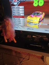 Size: 3000x4000 | Tagged: safe, princess cadance, pony, unicorn, g4, car, gamecube, nascar, photo, picture of a screen, racecar, solo, toy, video game