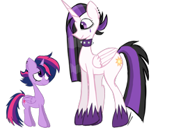Size: 2000x1500 | Tagged: safe, artist:alandisc, princess celestia, twilight sparkle, alicorn, pony, between dark and dawn, g4, alternate hairstyle, alternative tail, duo, duo female, ear piercing, eyeliner, female, jewelry, makeup, necklace, piercing, punklestia, punklight sparkle, simple background, transparent background, twilight sparkle (alicorn)