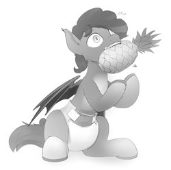 Size: 2496x2476 | Tagged: safe, artist:edrian, oc, oc only, oc:sharp point, bat pony, bat pony oc, cute, diaper, diaper fetish, fetish, food, monochrome, mouth hold, non-baby in diaper, pineapple