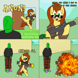 Size: 3500x3500 | Tagged: safe, artist:legendoflink, oc, oc only, oc:anon, oc:postal mare, earth pony, human, pony, bipedal, clothes, dialogue, female, high res, looking at you, male, mare, napalm, outdoors, pajamas, ponified, postal, postal 2, postal dude, rule 63, smiling, sunglasses, text, this ended in pain, weapon