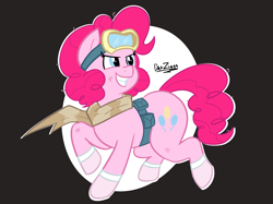 Size: 4098x3072 | Tagged: safe, artist:datzigga, pinkie pie, earth pony, pony, g4, belt, clothes, goggles, goggles on head, scarf, scratches, solo, utility belt