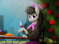 Size: 2732x2048 | Tagged: safe, artist:lordshrekzilla20, octavia melody, earth pony, anthro, g4, alcohol, beatnik, beret, blushing, bread, croissant, female, flower, food, glass, hat, high res, rose, solo, wine, wine glass