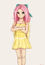 Size: 2436x3456 | Tagged: safe, artist:miokomata, fluttershy, human, g4, blushing, bow, clothes, crossed arms, dress, fingerless gloves, freckles, freckleshy, gloves, hair bow, high res, humanized, looking at you, simple background, solo, sundress, white background, winged humanization, wings