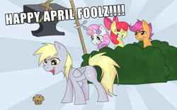 Size: 1370x850 | Tagged: safe, artist:zeffdakilla, apple bloom, derpy hooves, scootaloo, sweetie belle, earth pony, pegasus, pony, unicorn, g4, abstract background, anvil, april fools, april fools 2022, bush, cutie mark crusaders, derpy gets pranked, food, giggling, grimderp, happy, implied death, moments before disaster, muffin, reference, rope, scissors, standing, this will end in death
