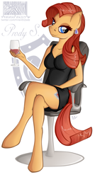 Size: 665x1241 | Tagged: safe, artist:virenth, oc, oc only, oc:prodius stray, earth pony, anthro, unguligrade anthro, alcohol, chair, clothes, crossed legs, dress, ear piercing, eyelashes, female, glass, looking at you, office chair, piercing, rule 63, simple background, sitting, smiling, smiling at you, smirk, solo, wine, wine glass