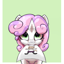 Size: 1500x1500 | Tagged: safe, artist:hc0, sweetie belle, cat, pony, unicorn, g4, green background, half body, looking at you, mouth hold, neco-arc, paper, passepartout, simple background, solo
