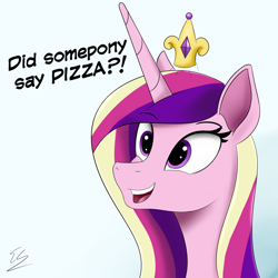 Size: 2400x2400 | Tagged: safe, artist:egstudios93, princess cadance, alicorn, pony, g4, bust, crown, cute, cutedance, eyebrows, eyebrows visible through hair, female, gradient background, happy, hat pop, high res, jewelry, mare, open mouth, open smile, peetzer, portrait, regalia, smiling, solo, talking, text, that pony sure does love pizza