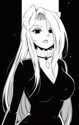 Size: 2440x3850 | Tagged: safe, artist:nekoshiei, fluttershy, anthro, g4, big titty goth gf, black and white, breasts, busty fluttershy, cleavage, ear piercing, earring, female, fluttergoth, grayscale, high res, jewelry, looking at you, monochrome, necklace, piercing, solo