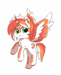 Size: 2614x3200 | Tagged: safe, artist:leo19969525, oc, oc only, alicorn, pony, cute, green eyes, high res, horn, looking at you, ocbetes, simple background, smiling, smiling at you, solo, spread wings, tail, white background, wings